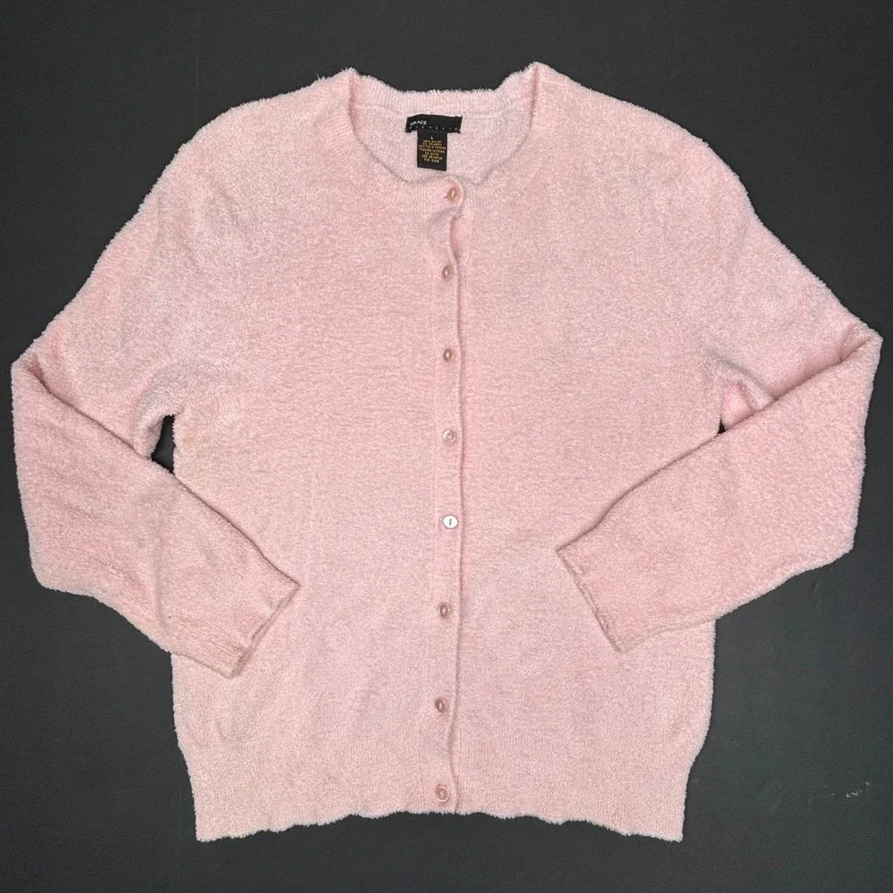 Grace Elements Pink Fuzzy Cardigan Button Up Cozy Knit Sweater Women's Large EUC - Picture 6 of 6
